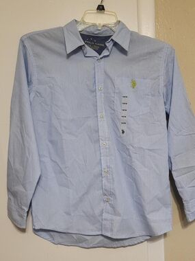 U.S. Polo Assn. Light Blue and White Striped Dress Shirt with Green Logo